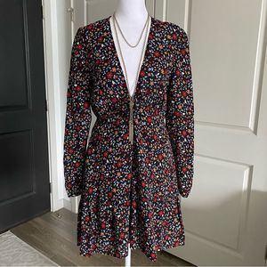 A.L.C. Black Floral Plunge Neck Dress 100% Silk Size 2